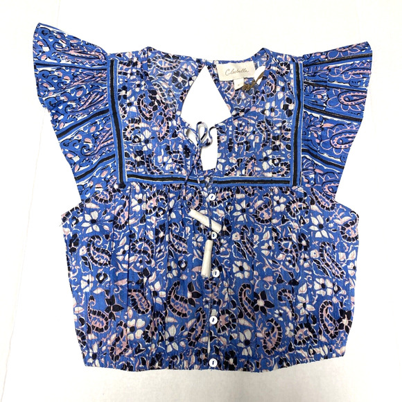 NWT Cleobella Alice Blouse Crop Top Blue Floral Paisley Ruffle Button Ta… - Picture 2 of 8